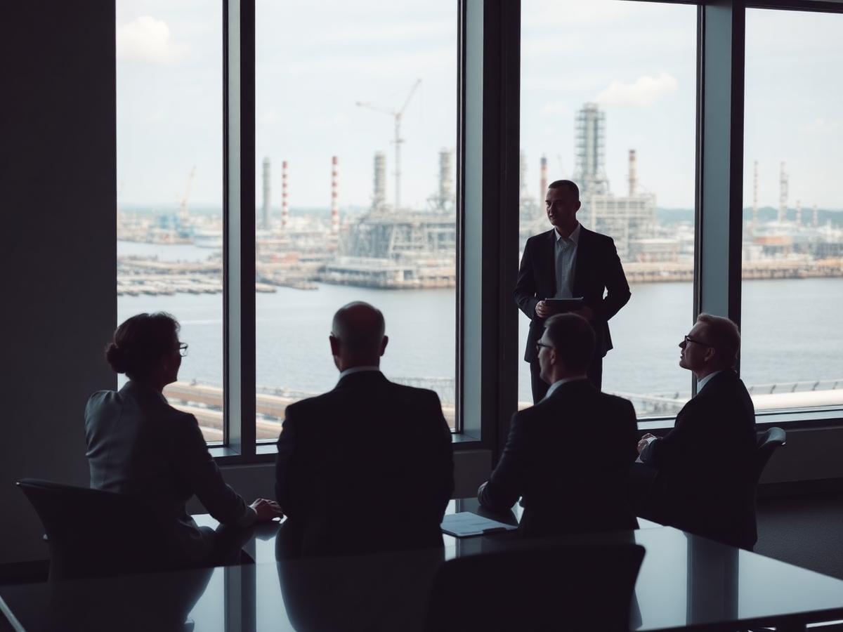 OREC team meeting overlooking an industrial port