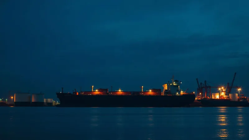 Oil tanker and petroleum storage tanks at an industrial port at dusk